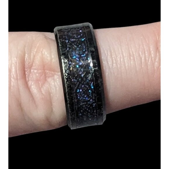 Gothic Black Stainless Steel Blue And Purple Glitter Inlay Ring Size 8 1/4 - Picture 7 of 15